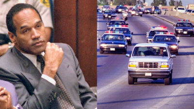 Photo of OJ Simpson with a hand on his chin and photo of OJ Simpson's police chase