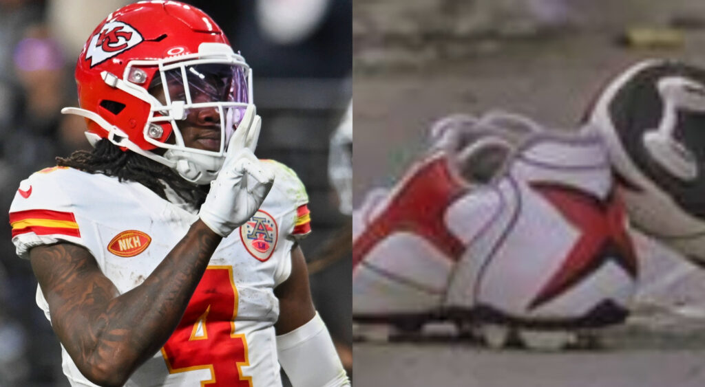 Photo of Rashee Rice holding two fingers up and photo of white pair of cleats