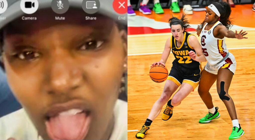 Photo of Raven Johnson sticking her tongue out and photo of Raven Johnson guarding Caitlin Clark