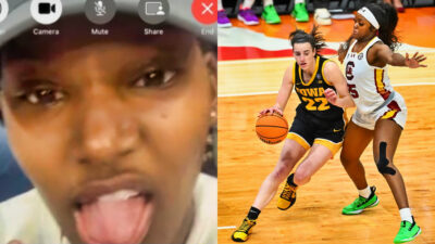 Photo of Raven Johnson sticking her tongue out and photo of Raven Johnson guarding Caitlin Clark