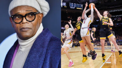 Photo of Samuel L. Jackson wearing glasses and photo of Caitlin Clark attempting block during national title game