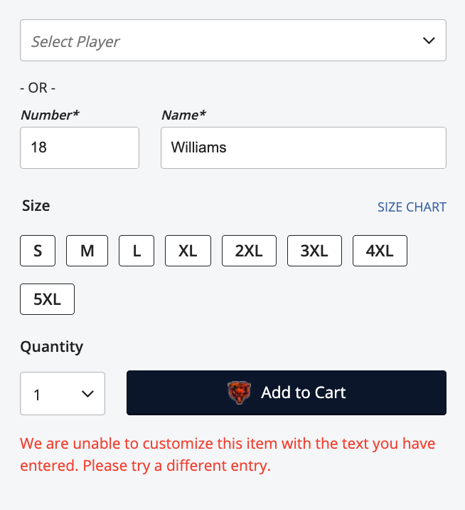 Customization template trying to create a Williams 18 jersey on NFL.com
