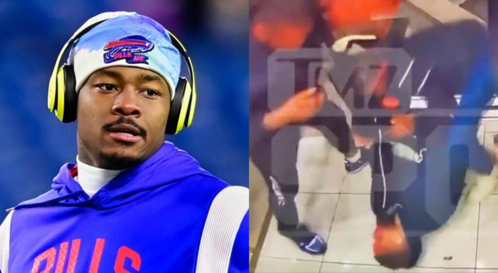 Stefon Diggs looks on and a screenshot of the elevator footage during Darez Diggs' brutal attack.