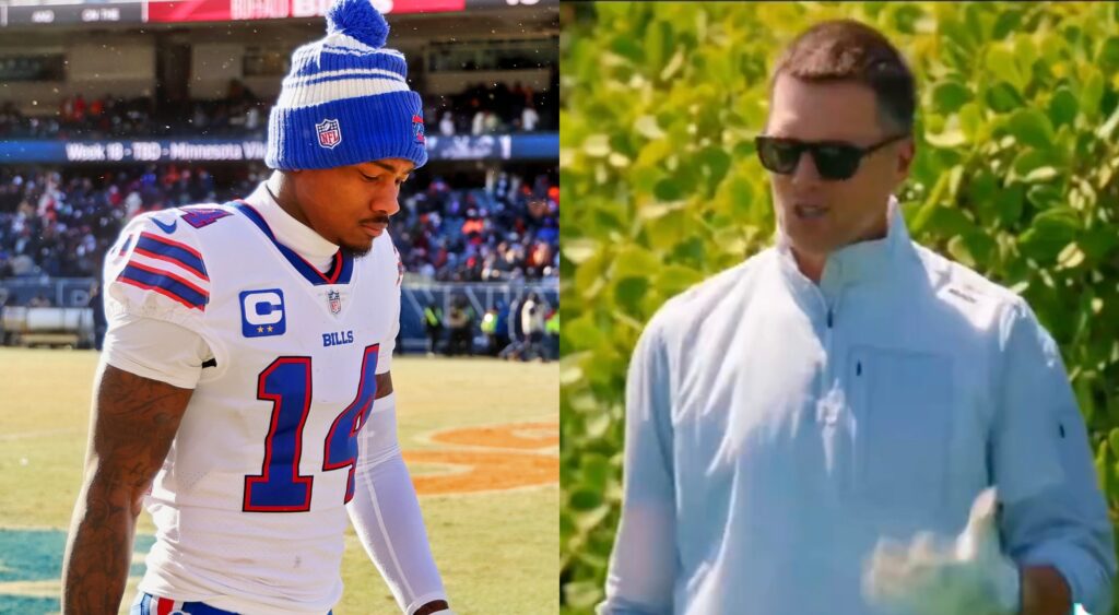 Stefon Diggs walking off the field and Tom Brady talking on the golf course.