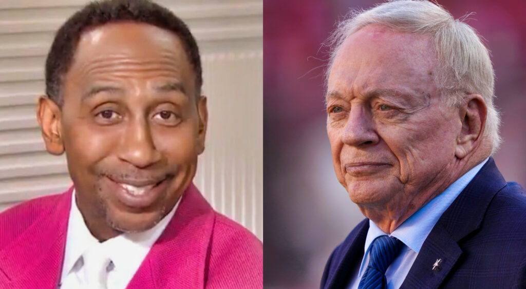 Photo of Stephen A. Smith smiling and photo of Dallas Cowboys owner Jerry Jones frowning