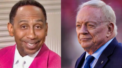 Photo of Stephen A. Smith smiling and photo of Jerry Jones frowning