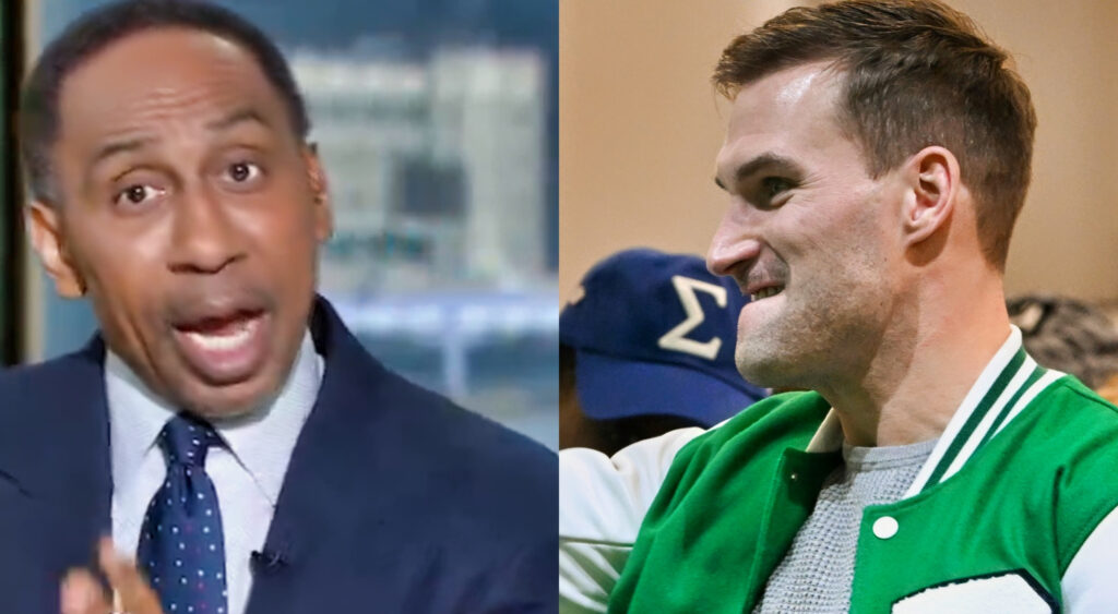 Photo of Stephen A Smith speaking and photo of Kirk Cousins grimacing