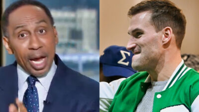 Photo of Stephen A Smith speaking and photo of Kirk Cousins grimacing