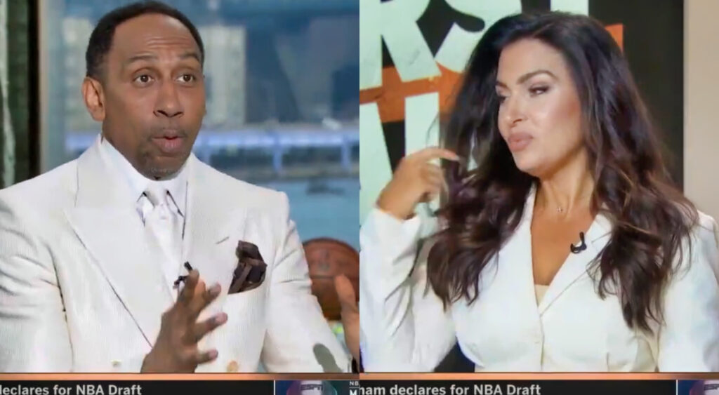 Photos of Stephen A Smith and Molly Qerim wearing white on First Take set.