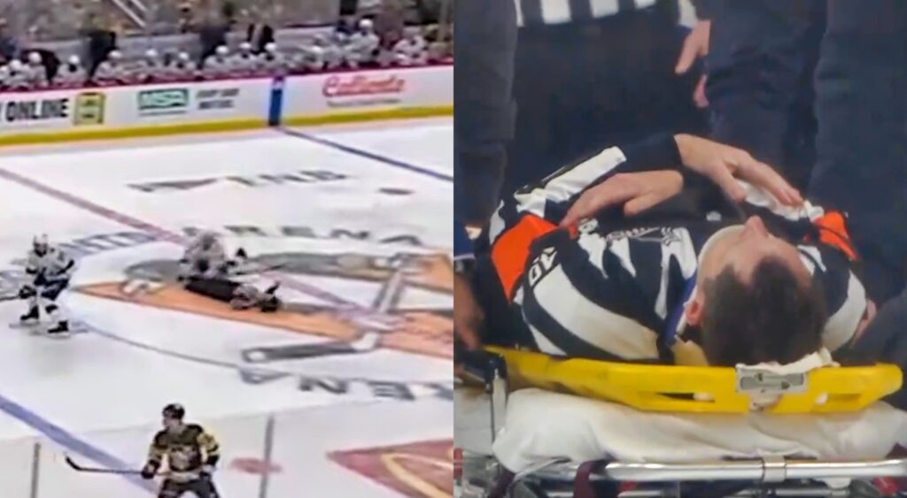 Steve Kozari's on ice collision and the referee being stretchered off afterwards.