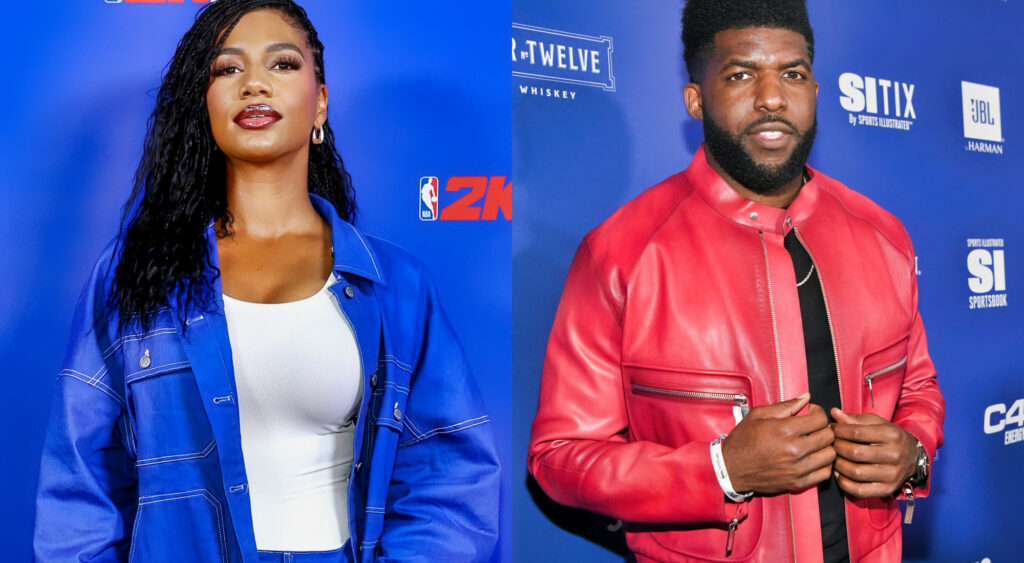 Photo of Taylor Rooks smiling and photo of Emmanuel Acho in red jacket