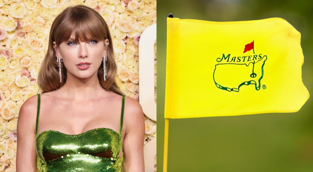 Taylor Swift poses for a photo and the flagstick at The Masters with the logo on it.