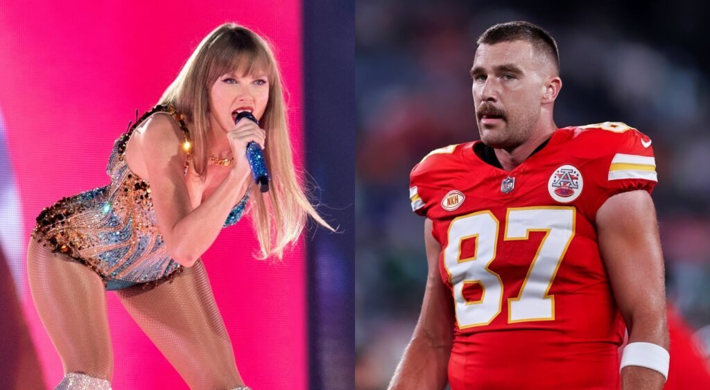 Taylor Swift singing at a concert and Travis Kelce looking on during a game.