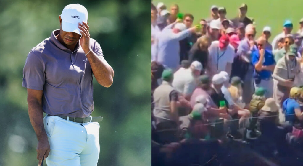 Photo of Tiger Woods toughing his cap and photo of fans at The Masters