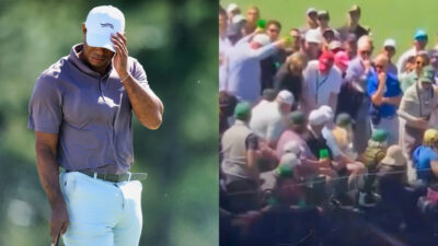Photo of Tiger Woods toughing his cap and photo of fans at the masters