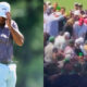 Photo of Tiger Woods toughing his cap and photo of fans at the masters