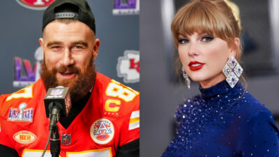Photo of Travis Kelce speaking into microphone and photo of Taylor Swift smiling