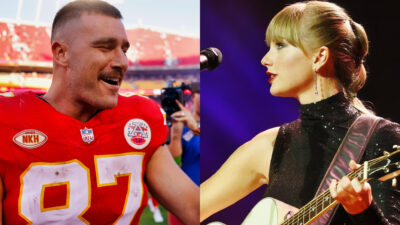 Photo of Travis Kelce smiling and photo of Taylor Swift performing