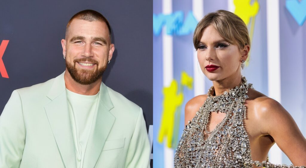Travis Kelce smiles on the red carpet and Taylor Swift poses for the camera.