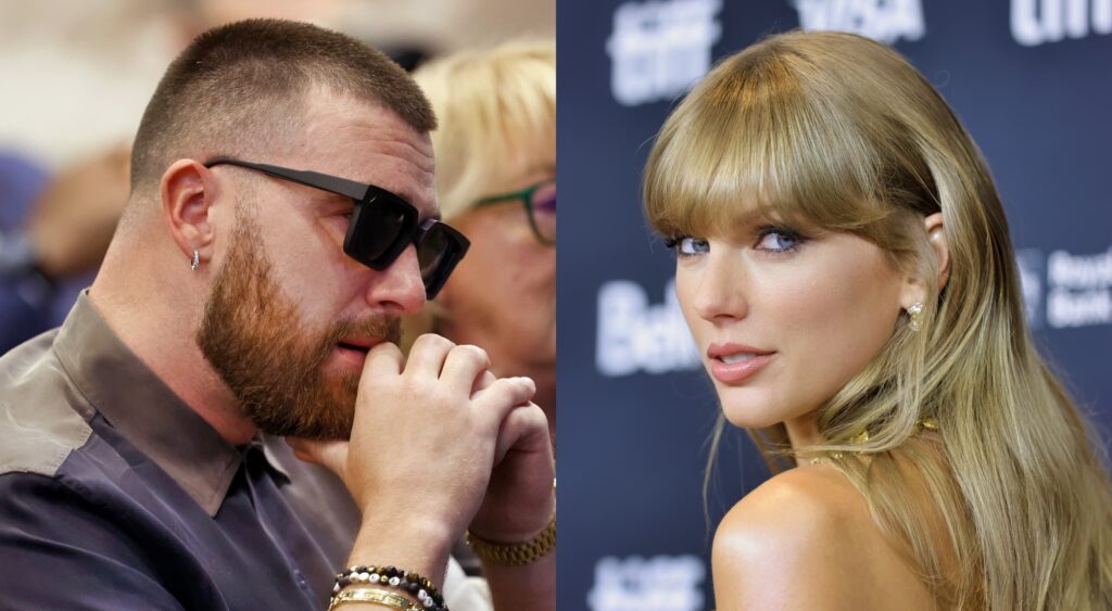 Travis Kelce crying and Taylor Swift looking on.