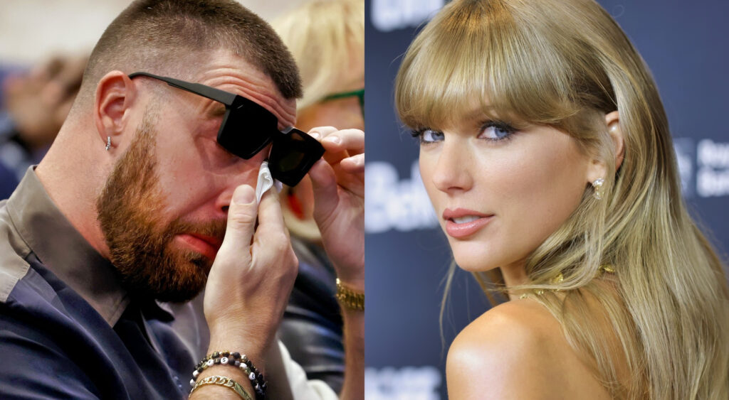 Photo of Travis Kelce wiping his eye and photo of Taylor Swift smiling