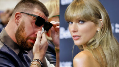 Photo of Travis Kelce wiping his eye and photo of Taylor Swift smiling