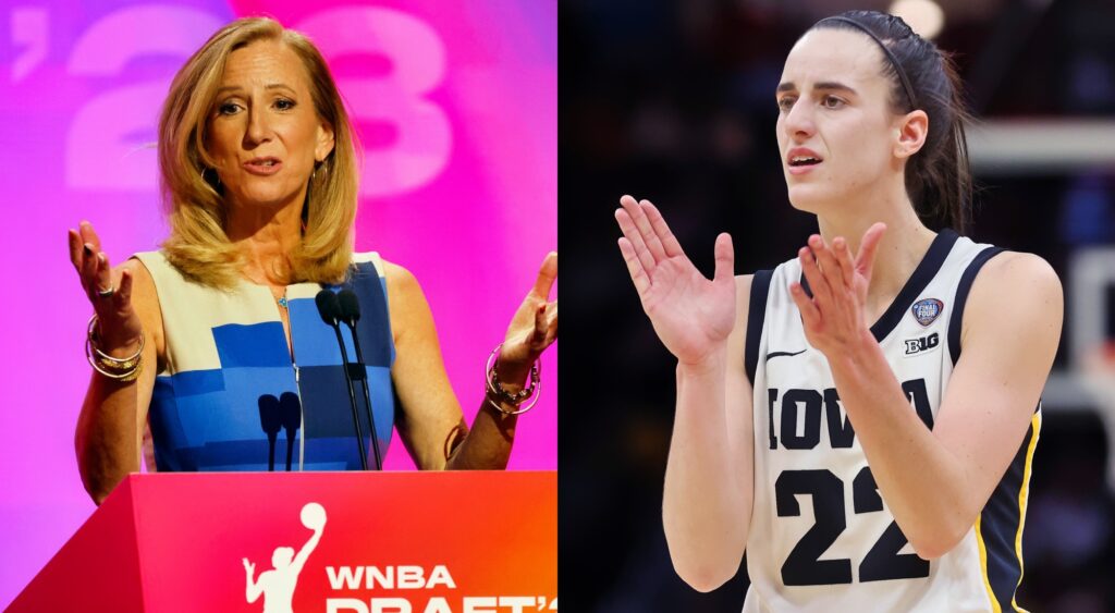 WNBA commissioner Cathy Engelbert at the draft podium and Caitlin Clark clapping during a game.