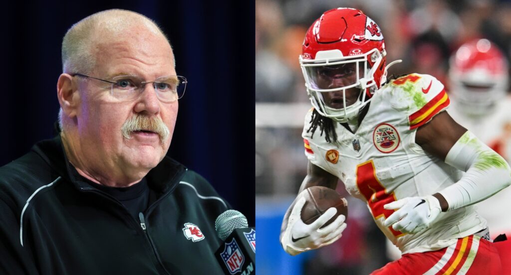Andy Reid speaking (left). Rashee Rice running with football (right)/