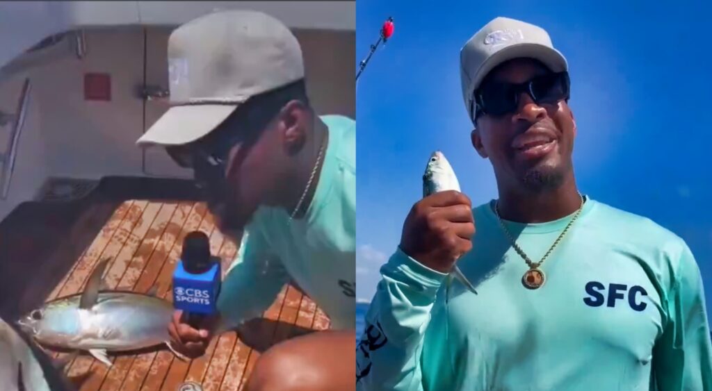 Jameis Winston interviewing a fish (left). Winston holding up a fish (right).