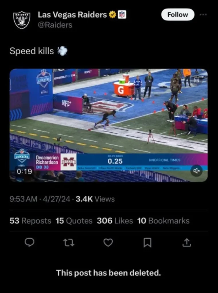 Raiders deleted Tweet with "speed kills" as the caption