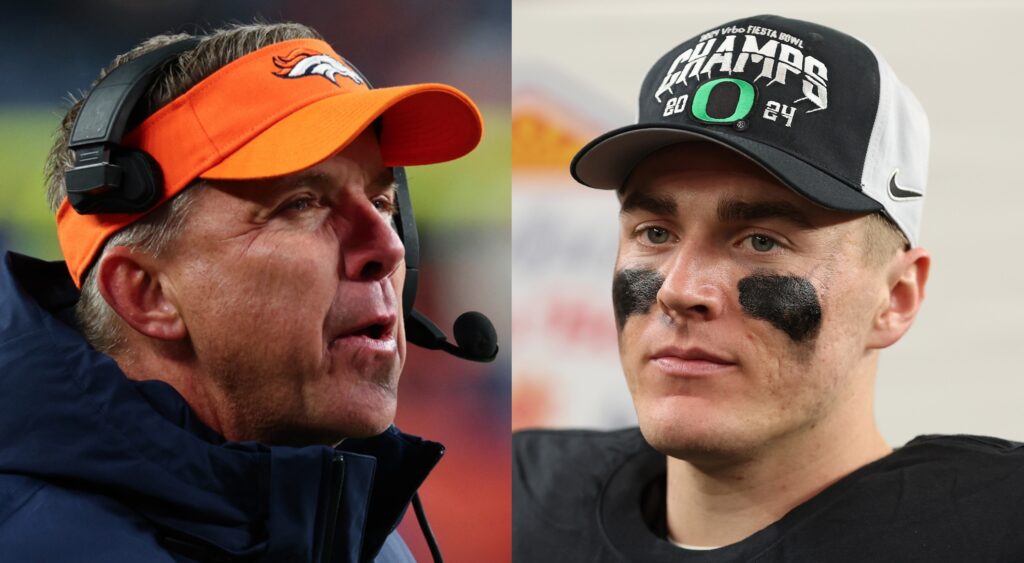 Sean Payton of Denver Broncos looking on (left) Bo Nix looking on (right).