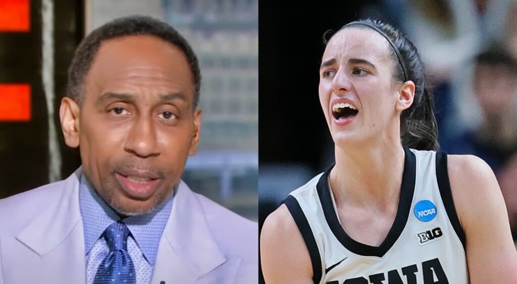 Stephen A. Smith talking on TV (left). Caitlin Clark reacts (right).