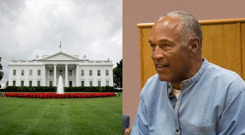 White House exterior view (left). OJ Simpson speaking at conference (right).