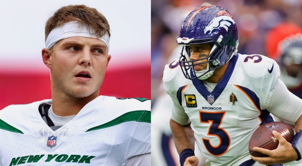 Zach Wilson of New York Jets looking on (left). Russell Wilson of Denver Broncos running with football (right).