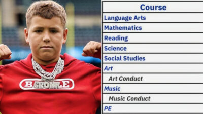 Photo of Baby Gronk in red jersey and photo of Baby Gronk's report card