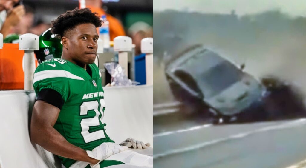 Brandin Echols on bench and car accident on highway.