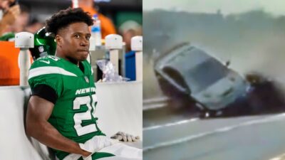 Brandin Echols on bench and car accident on highway.
