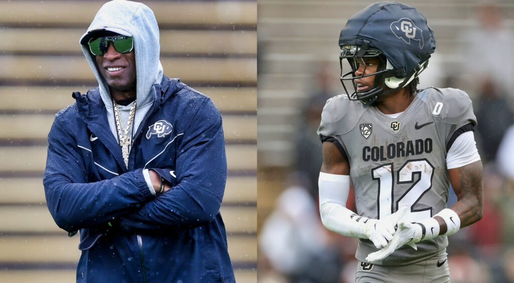 Photo of Deion Sanders with his arms folded and photo of Travis Hunter in Colorado gear