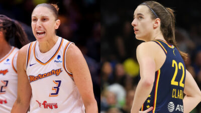 Photo of Diana Taurasi screaming and photo of Caitlin Clark with her hands on her waist