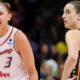 Photo of Diana Taurasi screaming and photo of Caitlin Clark with her hands on her waist