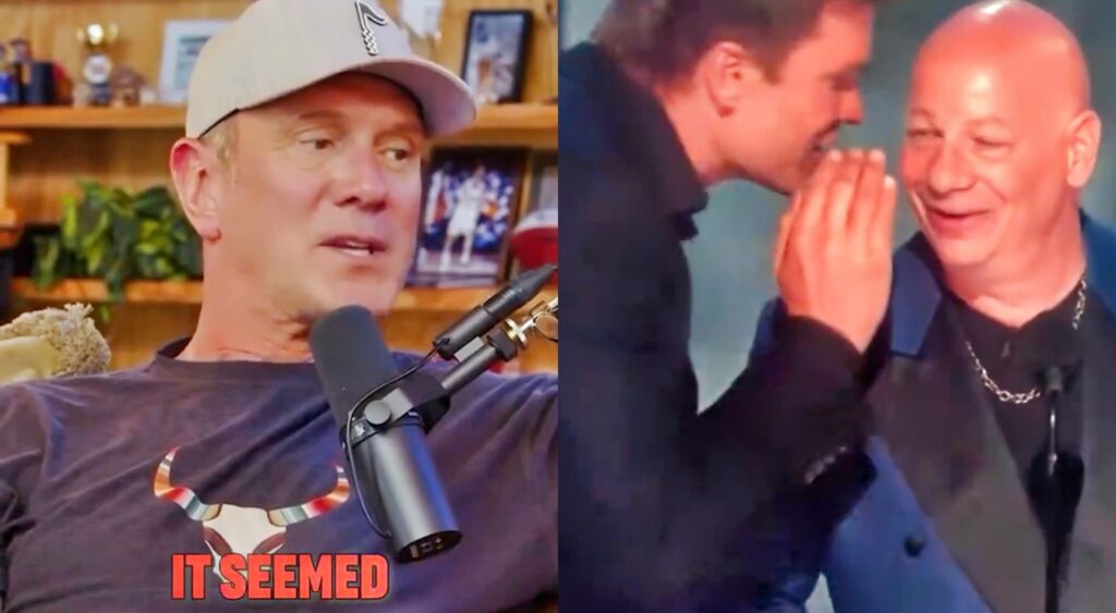 Drew Bledsoe speaking ona podcast and Tom Brady whispering something in Jeff Ross' ear.