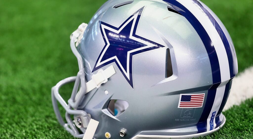 Dallas Cowboys helmet on the field. The team is being linked to a possible trade for Steelers RB Najee Harris.