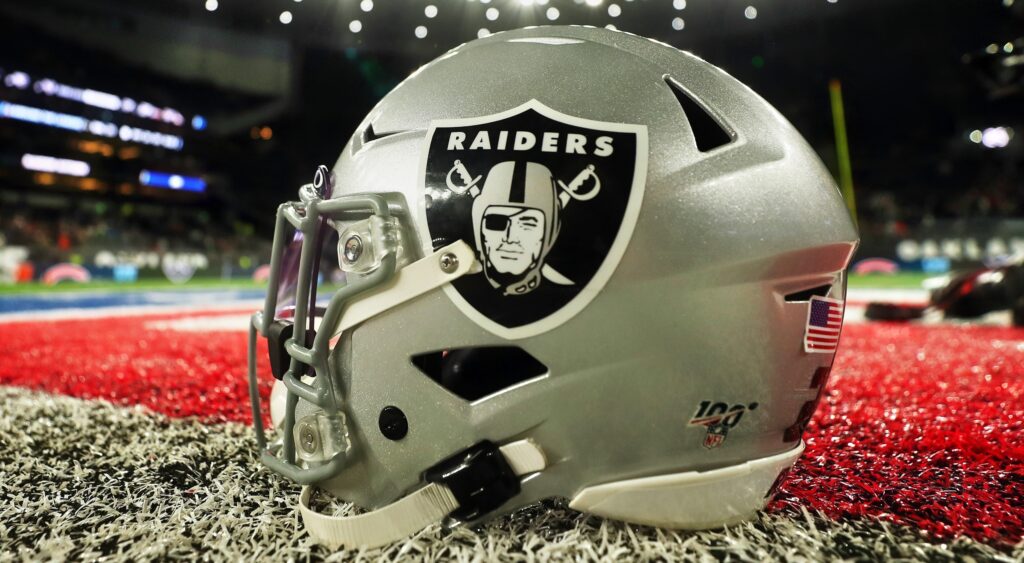 Las Vegas Raiders helmet shown on field.