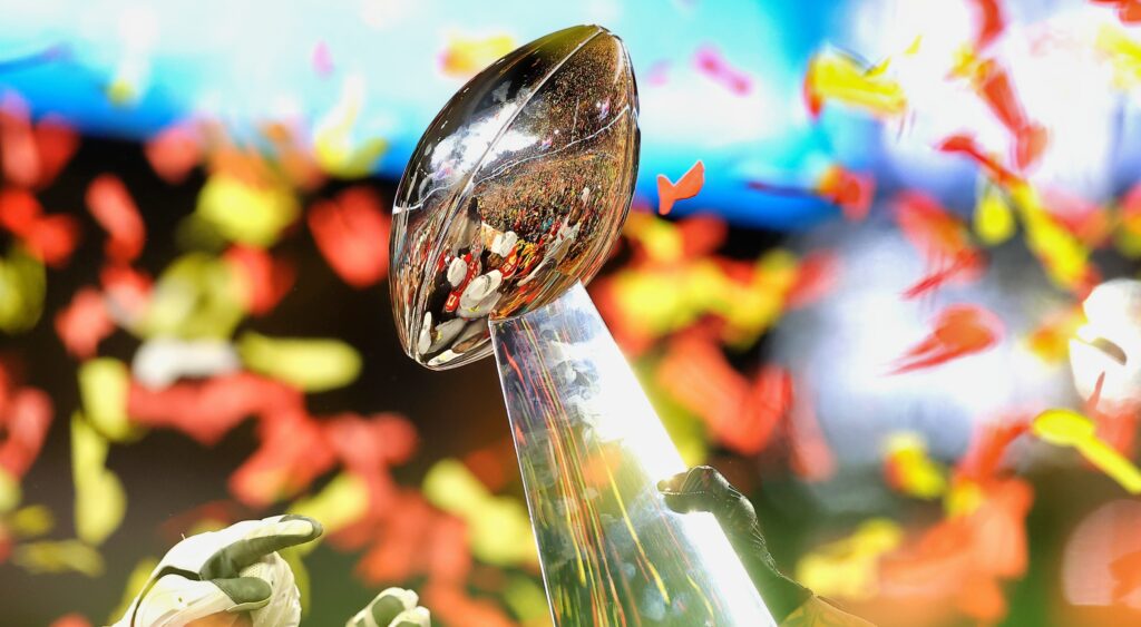 Lombardi Trophy being held by Kansas City Chiefs.