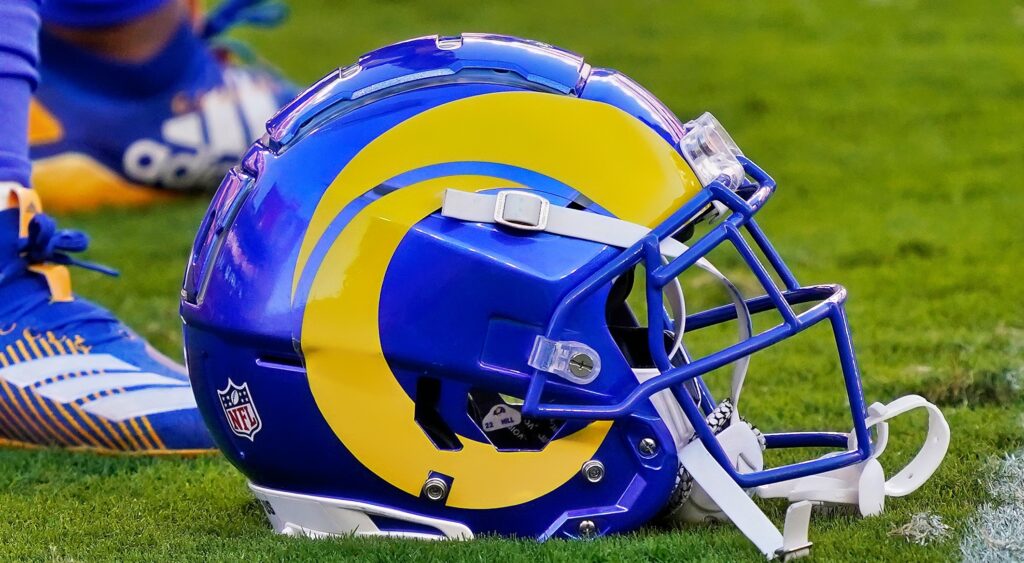 Los Angeles Rams helmet on the field.