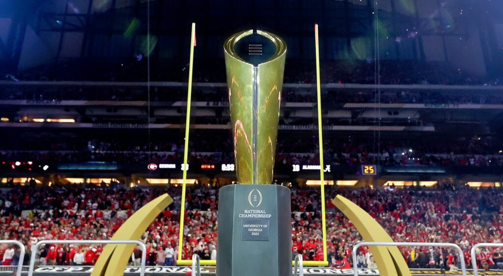 The College Football Playoff National Championship Trophy on the field before the game.