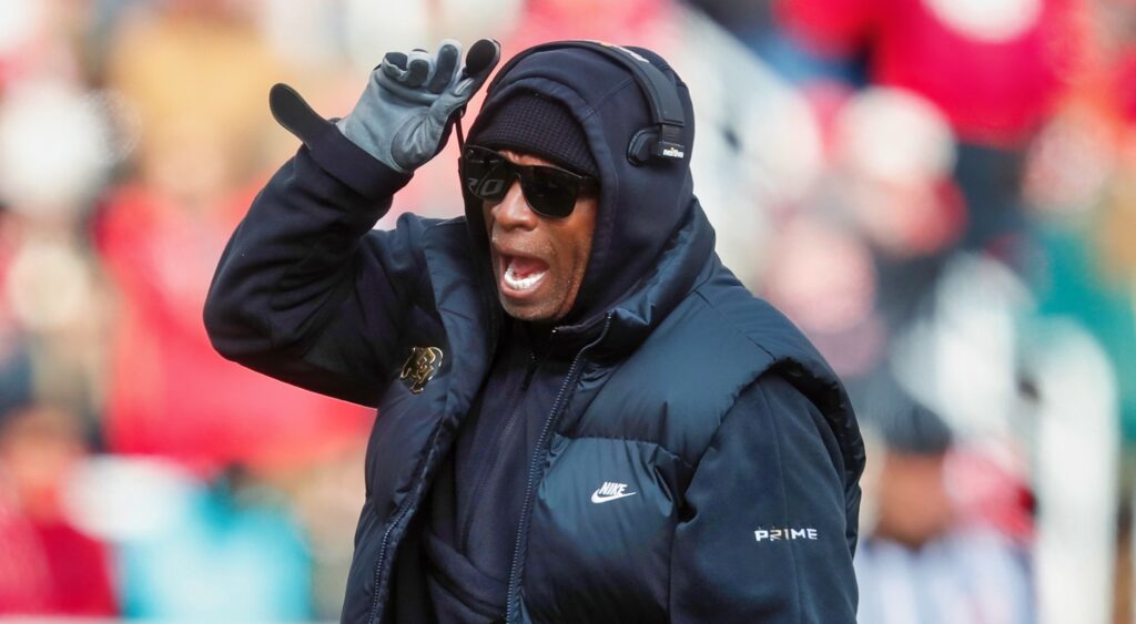 Deion Sanders of Colorado Buffaloes reacting during game.