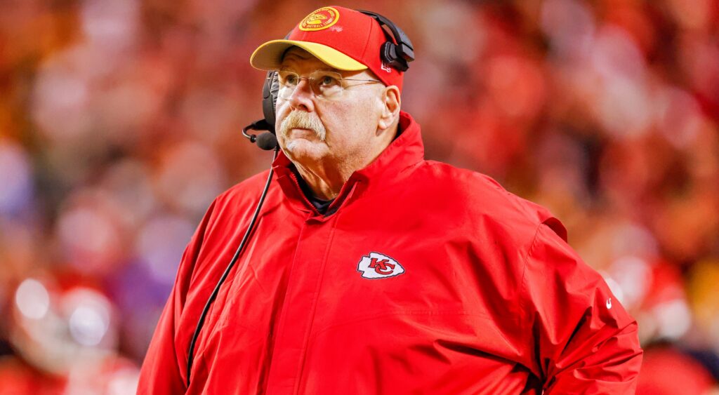 Andy Reid looks on during a game. his Kansas City Chiefs have reportedly inquired about a trade for DK Metcalf.
