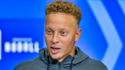 Spencer Rattler speaking to reporters at NFL Scouting Combine