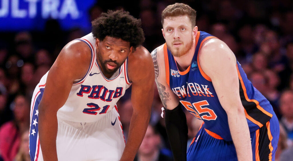 Joel Embiid and Isaiah Hartenstein during Knicks vs. 76ers